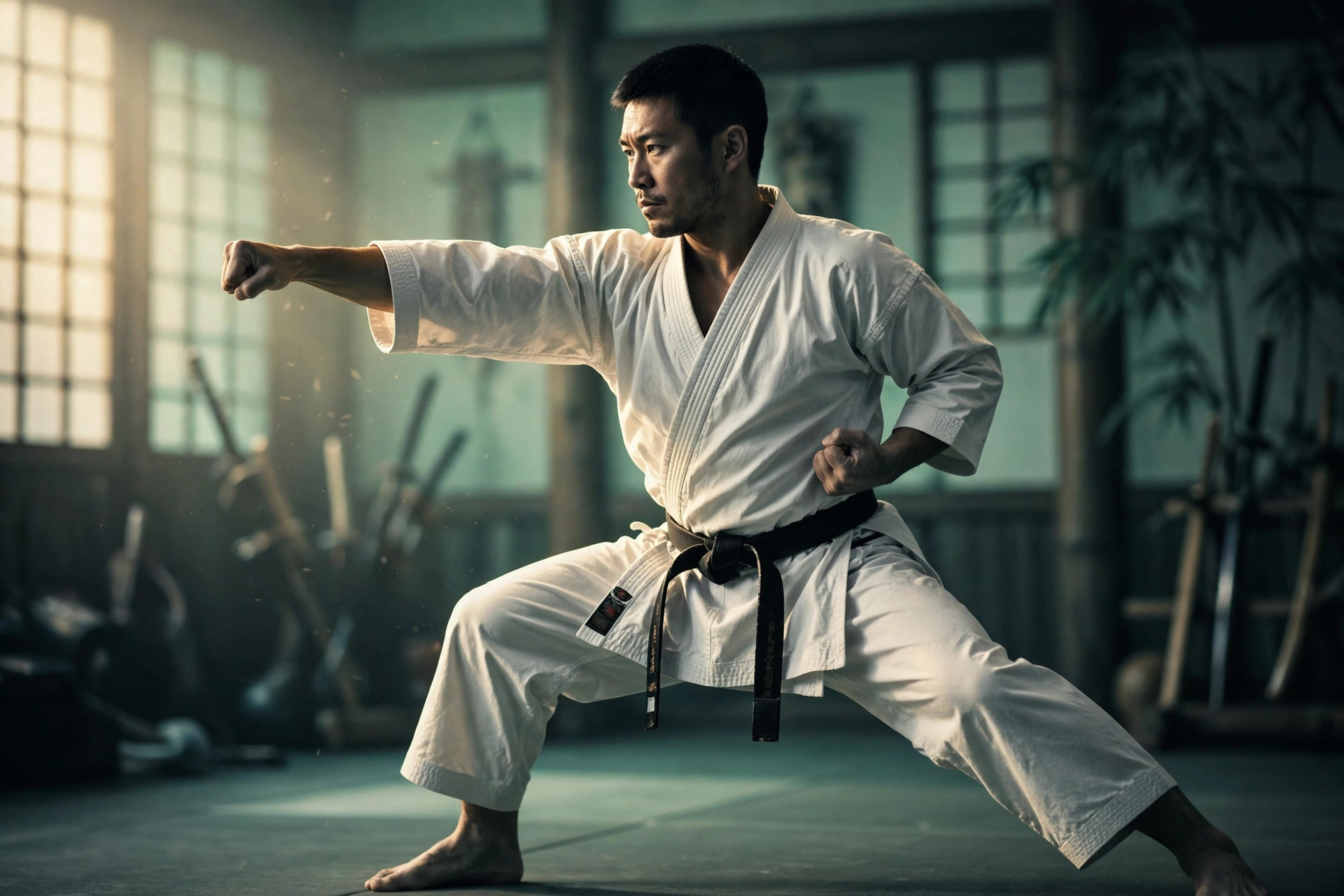 A karateka in a deep front stance throwing a lunge punch