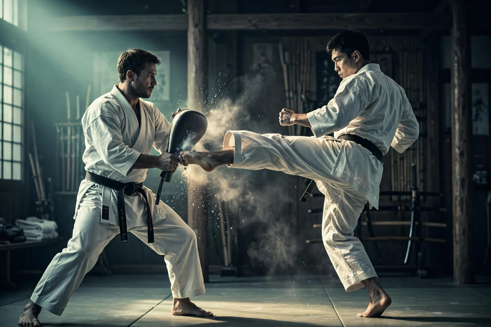 A front kick striking a focus pad at full extension