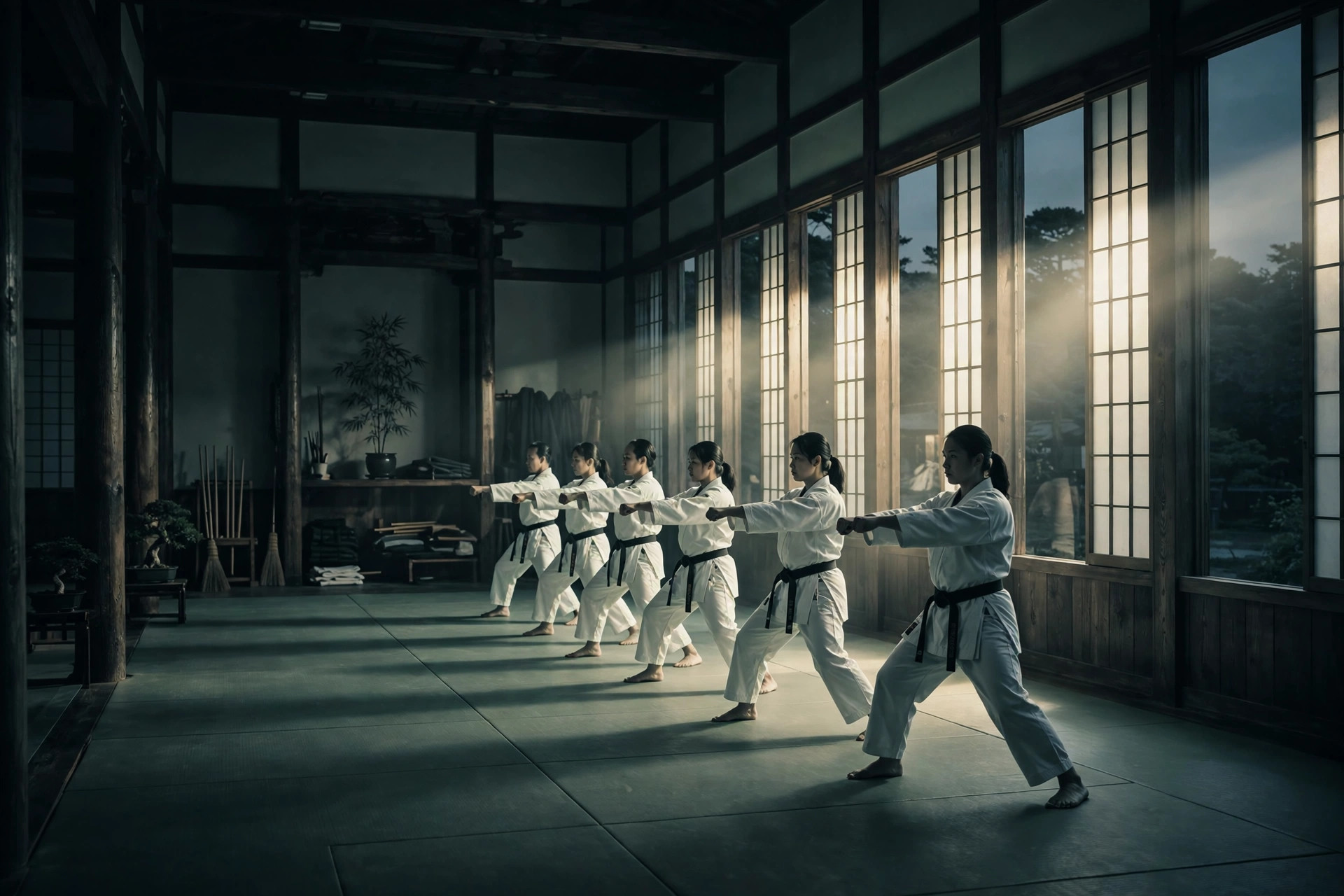 A karate class training in line in a dojo